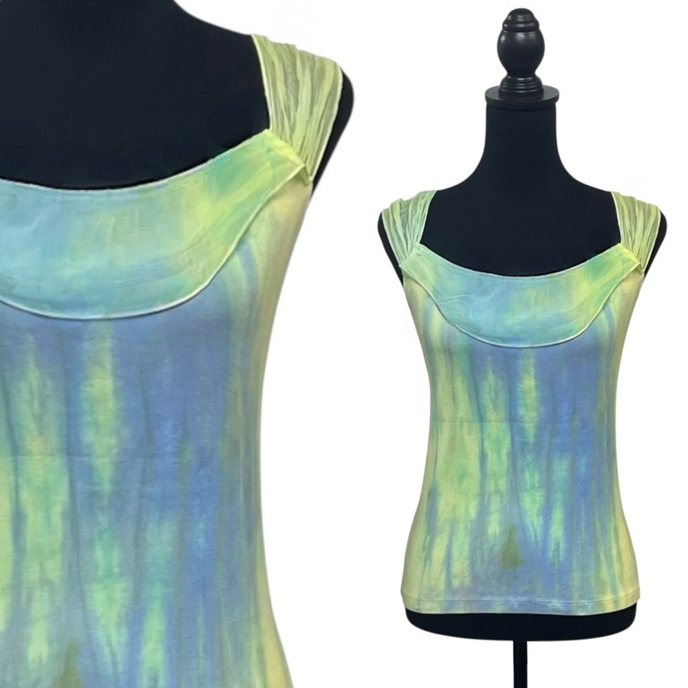 Me & Ko Y2K Tie Dye Ruched Sheer Cap Sleeve Boho Fairycore Top Multicolor XL